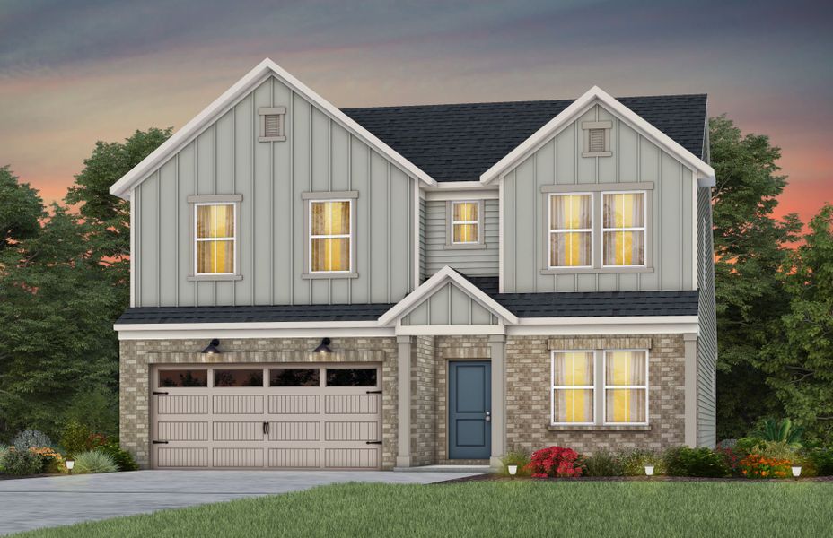 Front exterior of a new home in Michaux Gardens, Belmont, NC, highlighting curb appeal (Image 26). Front exterior of a new home in Michaux Gardens, Belmont, NC, highlighting curb appeal (Image 26).