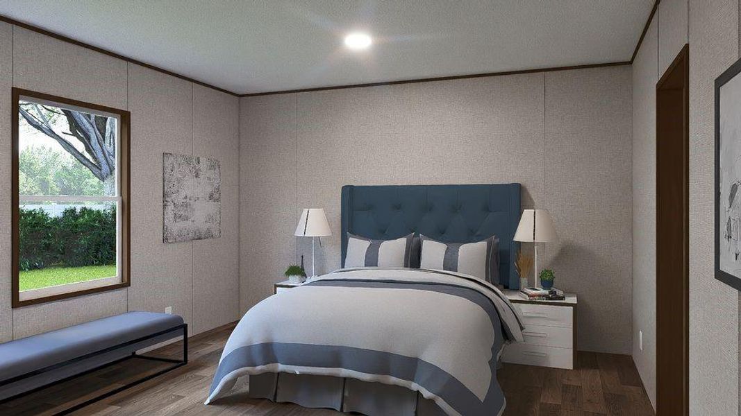Spacious bedroom featuring wood-finish flooring, a large window with natural light, textured wall panels, and a recessed ceiling light Spacious bedroom featuring wood-finish flooring, a large window with natural light, textured wall panels, and a recessed ceiling light