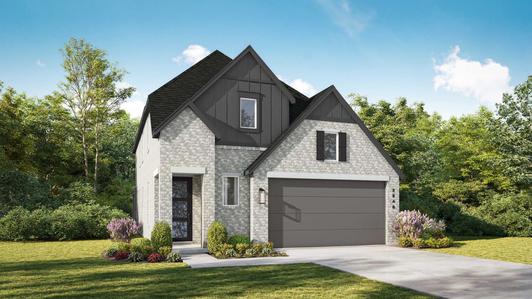 Representative exterior photo of a completed home built from the Ellington Plan by Highland Homes in The Highlands, Porter, TX (Image 28). Representative exterior photo of a completed home built from the Ellington Plan by Highland Homes in The Highlands, Porter, TX (Image 28).