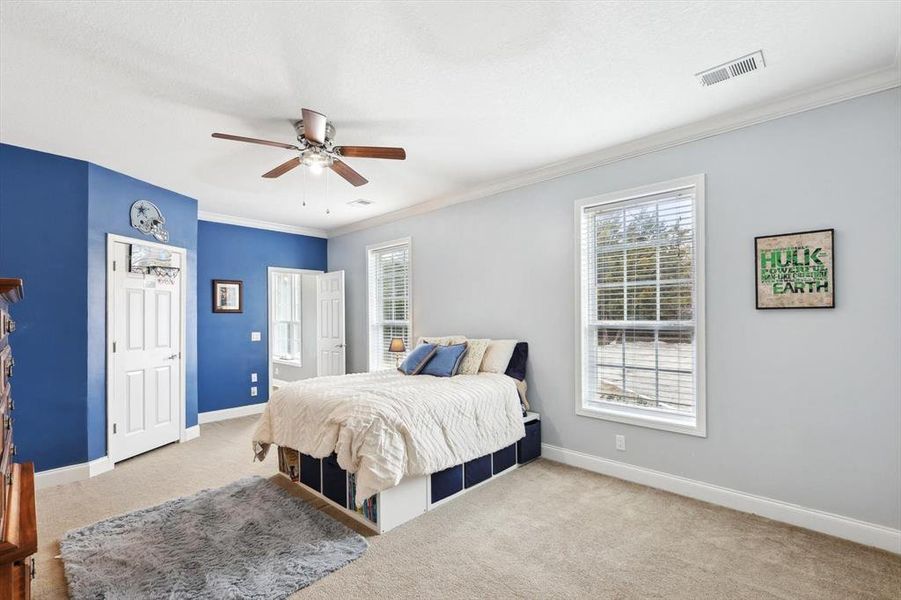 Cinema room featuring ceiling fan, carpet flooring, and vaulted ceiling