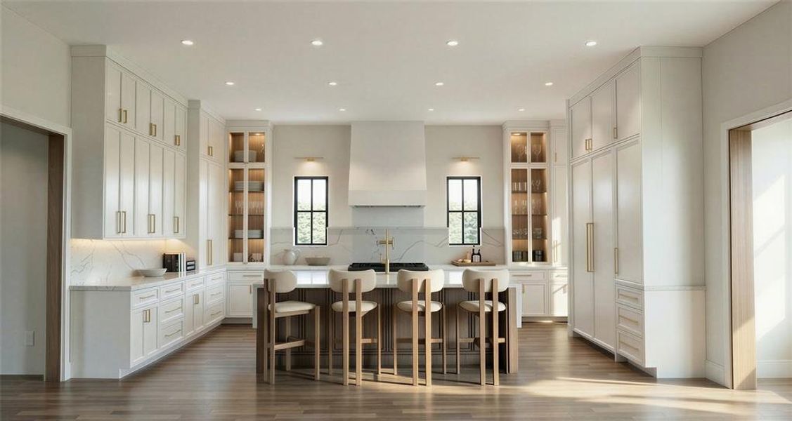 Rendering: Chef's kitchen with natural stone, custom cabinetry, and high end appliance package.