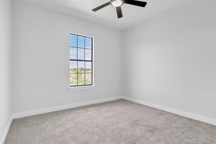 Carpeted empty room with ceiling fan