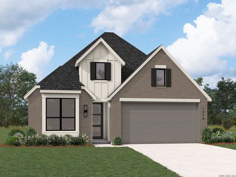 Front exterior of a new home in Homestead, Schertz, TX, highlighting curb appeal (Image 1). Front exterior of a new home in Homestead, Schertz, TX, highlighting curb appeal (Image 1).