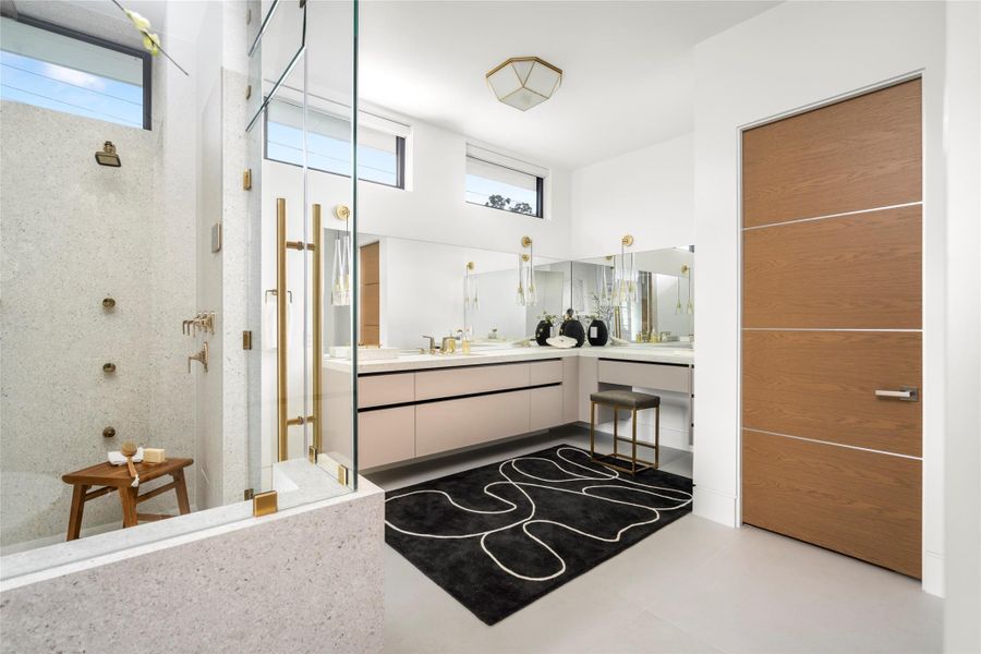 [Primary Bath] Has steam shower installed.  Note porcelain walls and floor.