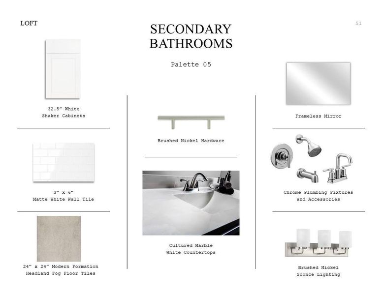 Loft Look Palette 5: Secondary Bathrooms Selection Sheet (*Artist rendering used for illustration purposes only.)