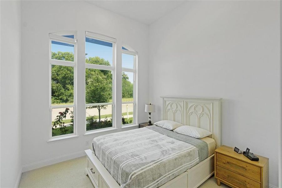 Room featuring high ceilings, white walls, and light-colored carpeting
