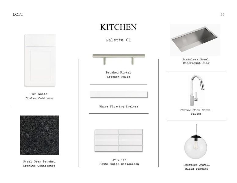 Loft Look Palette 1: Kitchen Selection Sheet (*Artist rendering used for illustration purposes only.)