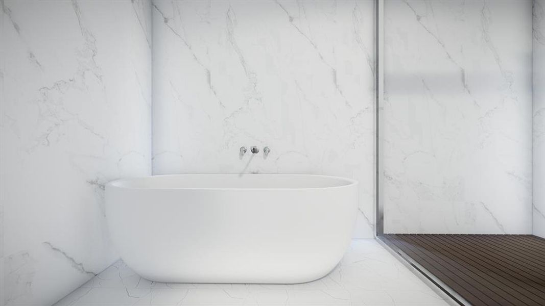 Full bath featuring marble tiled flooring and a soaking tub