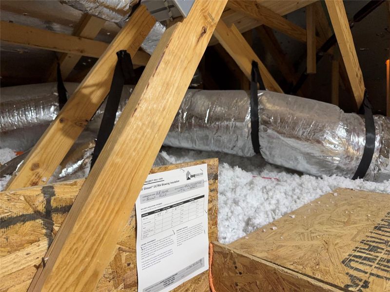 Exposed wood framing and insulation offer insight into the home's structural integrity.