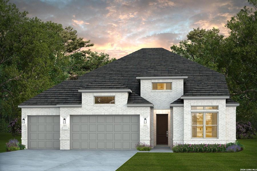 Front exterior of a new home in Corley Farms, Boerne, TX, highlighting curb appeal (Image 1). Front exterior of a new home in Corley Farms, Boerne, TX, highlighting curb appeal (Image 1).