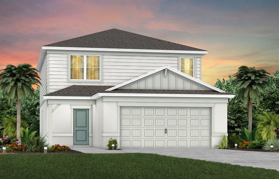 Coastal Exterior Design. Artistic rendering for this new construction home. Pictures are for illustrative purposes only. Elevations, colors and options may vary.