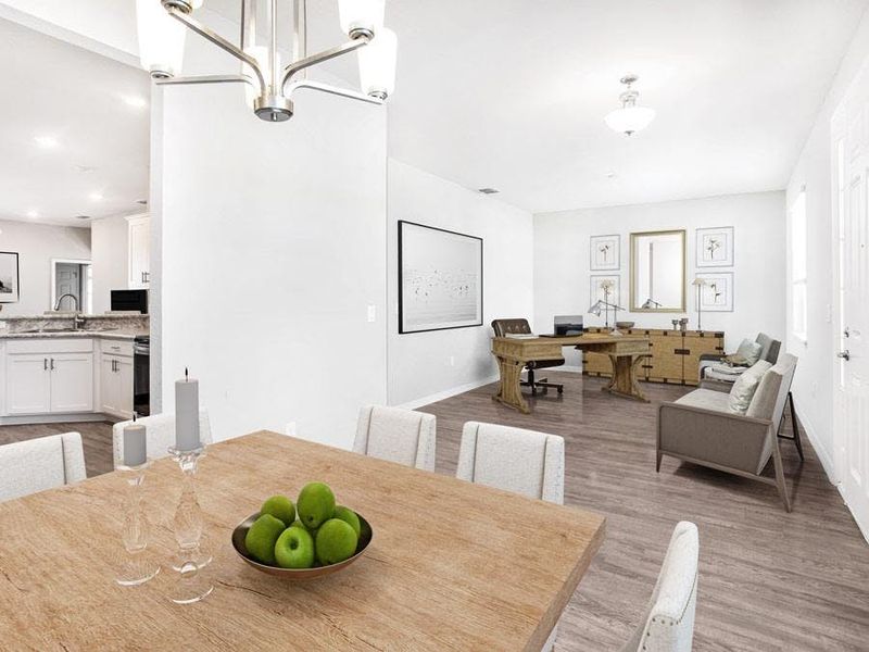 A versatile den and dining room provide flexible space to use as you choose - New home for sale in Auburndale, FL. Photo showcases the home layout - you choose the finishes to personalize this home! Furniture and decor items not included.