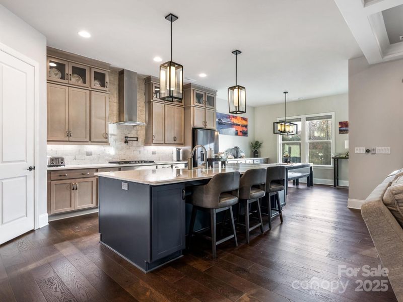 1st Flr, large upscale Kitchen w/large quartz island, two-tone cabinet, walk-in pantry; pendant & recessed lighting (14x19)