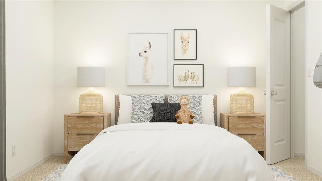 Bedroom with light colored carpet