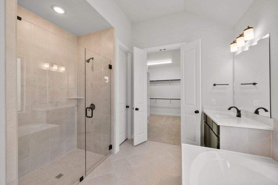 Primary Bath retreat with dual vanities, garden tub & walk-in shower