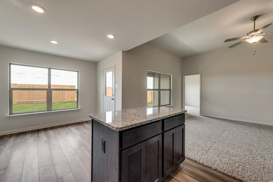 Kitchen featuring light carpet, ceiling fan, and light stone countertops