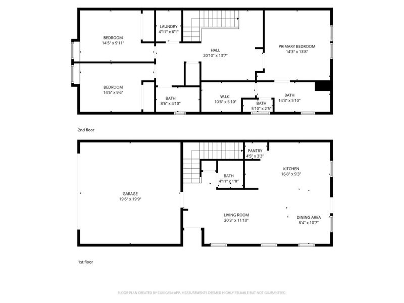 This floor plan features a spacious two-story layout. The first floor includes a large garage, living room, kitchen, dining area, pantry, and bath. The second floor has a primary bedroom with an en-suite bath, two additional bedrooms, another bath, a walk-in closet, a laundry area, and a hall.