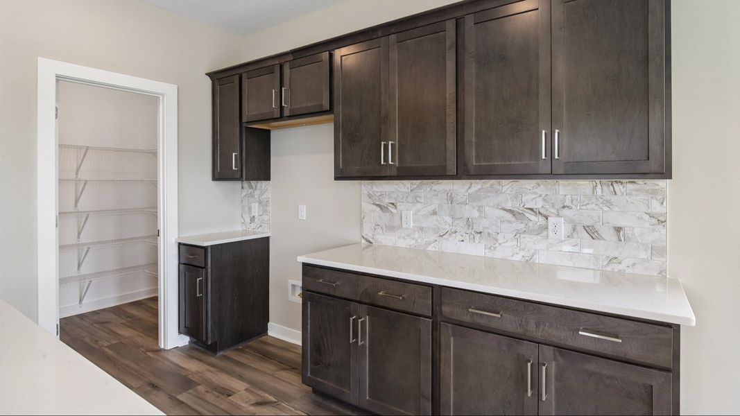 Kitchen with dark cabinetry, quartz countertops, tile backsplash, and pantry