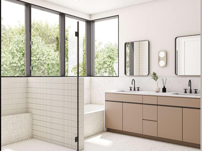 Modern bathroom featuring a dual vanity with light brown cabinetry and white countertops