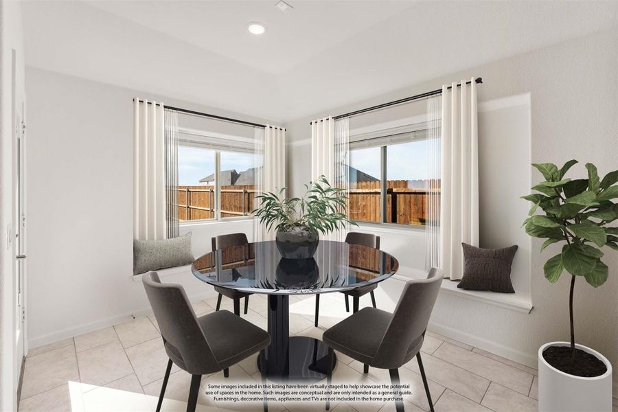 Dining area with round glass table, four chairs, built-in window bench, and two large windows with white curtains