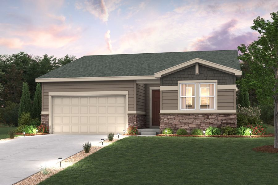 A house with a garage. Cimarron floorplan exterior rendering with landscaping and driveway