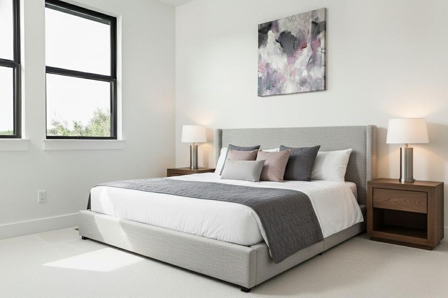 Bright interior space with white walls and light-colored carpeting