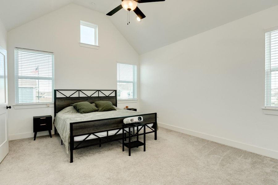 Primary bedroom features a spacious layout, ample natural light from numerous windows, and well-maintained carpeting.
