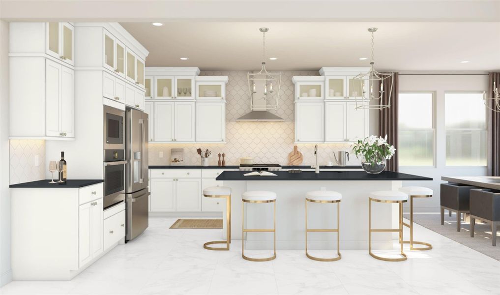 Stunning kitchen with white stacked cabinets and quartz countertops (*Artist rendering used for illustration purposes only.)