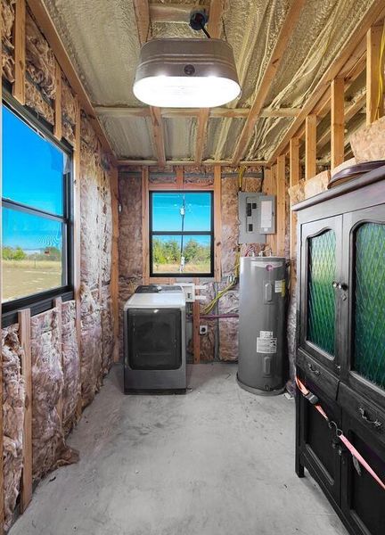 Below grade area with washer / dryer, water heater, and electric panel Below grade area with washer / dryer, water heater, and electric panel