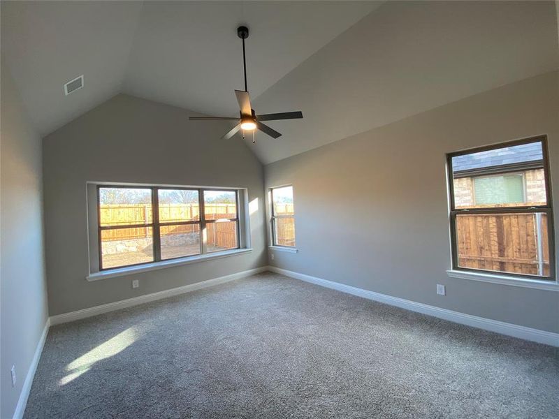 Large master bedroom has lots of windows, vaulted ceiling & ceiling fan