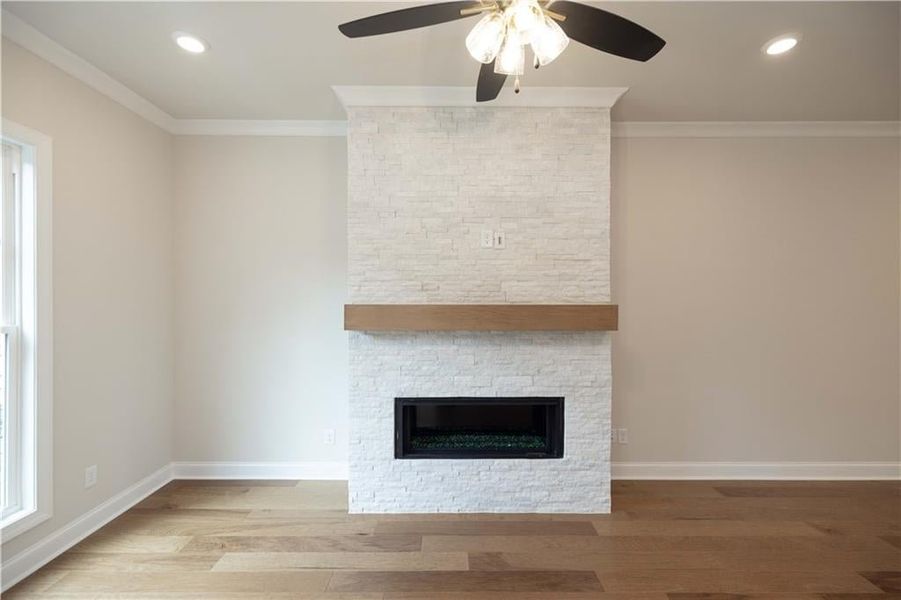 Details with crown molding, hardwood / wood-style floors, and a stone fireplace