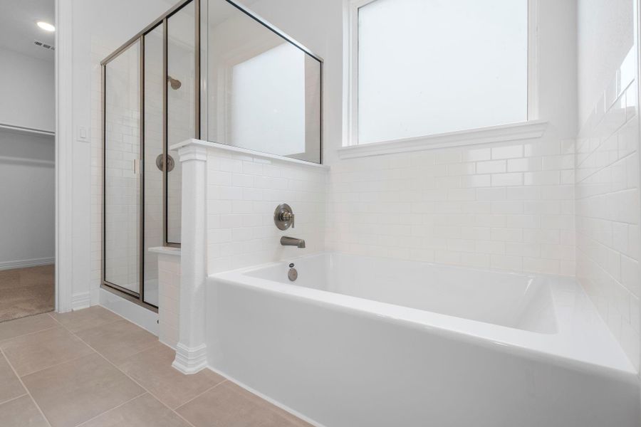 This additional view of your primary bathroom features tile flooring, fresh paint, walk-in shower, a separate garden tub, and a large walk-in closet.