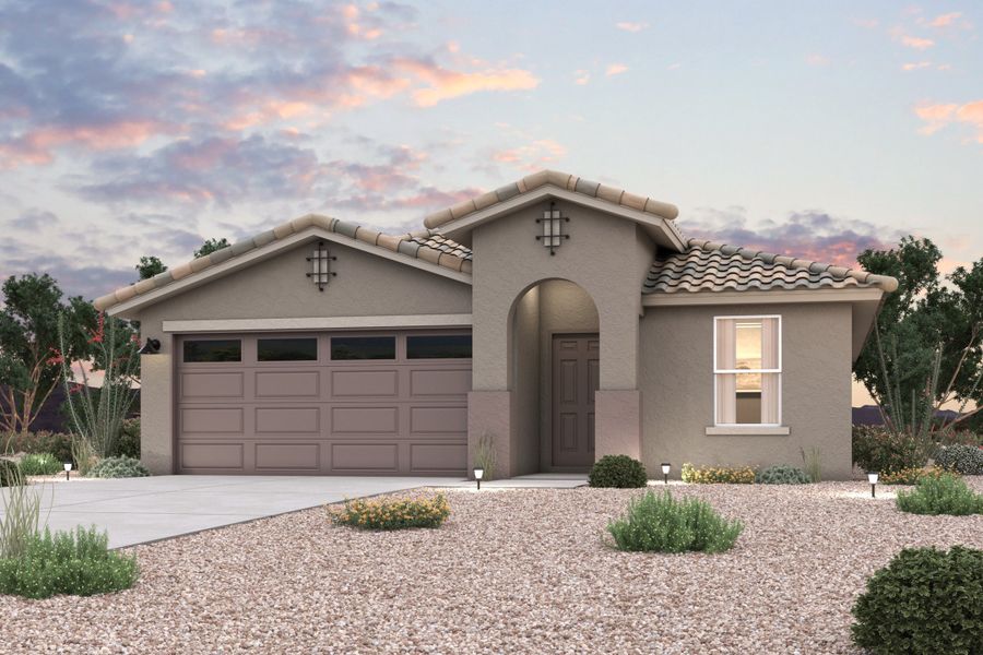 Front exterior of a new home in North Fork at Laughlin Ranch, Bullhead City, AZ, highlighting curb appeal (Image 1). Front exterior of a new home in North Fork at Laughlin Ranch, Bullhead City, AZ, highlighting curb appeal (Image 1).