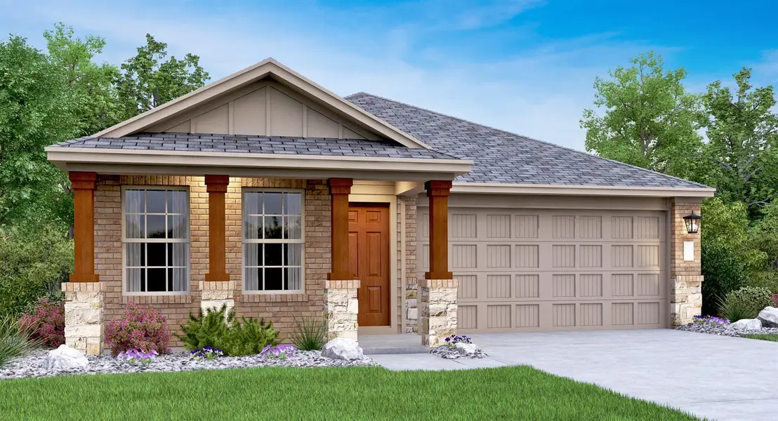 Front exterior of a new home in Cotton Brook: Claremont Collection, Hutto, TX, highlighting curb appeal (Image 21).