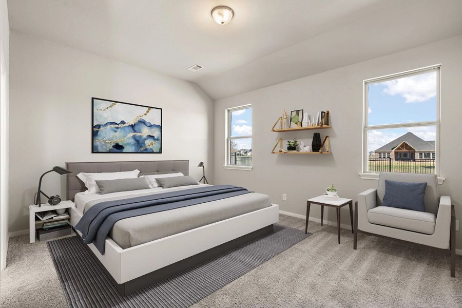 Primary bedroom. Note: Sample product photo. Actual exterior and interior selections may vary by homesite. Photo may be virtually staged Primary bedroom. Note: Sample product photo. Actual exterior and interior selections may vary by homesite. Photo may be virtually staged
