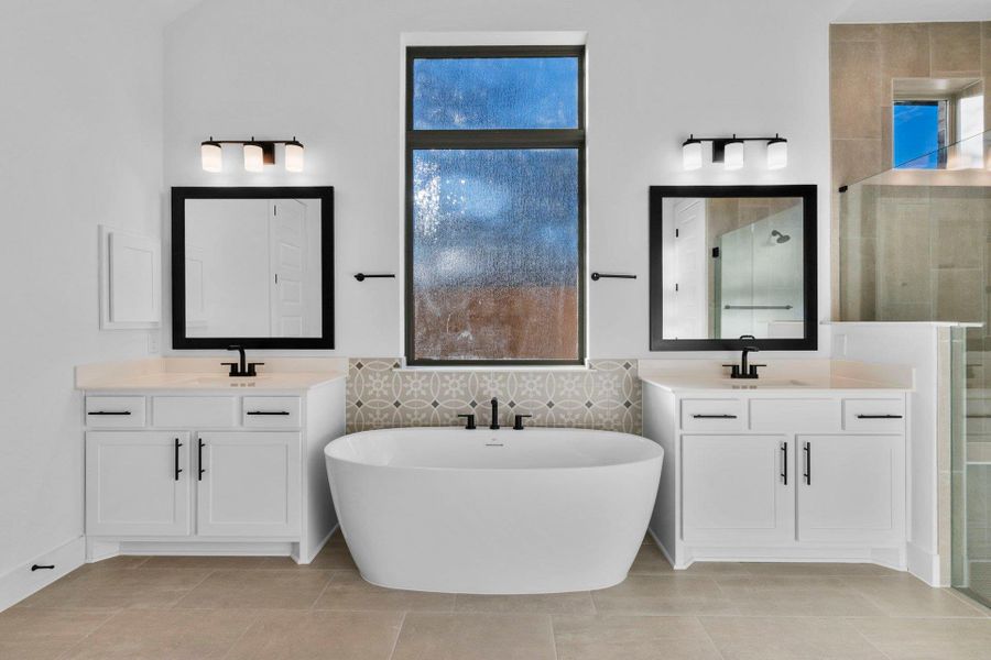 Primary Bath retreat with dual vanities & soaking tub