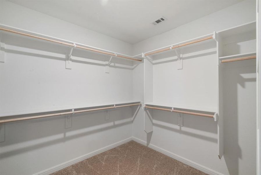 Walk in closet with carpet flooring Walk in closet with carpet flooring