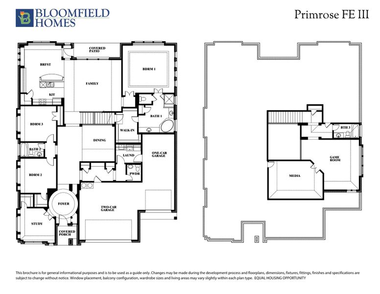 Bloomfield Homes Primrose FE III two-story floor plan with three bedrooms, study, media room, game room, and two-car garage. Bloomfield Homes Primrose FE III two-story floor plan with three bedrooms, study, media room, game room, and two-car garage.