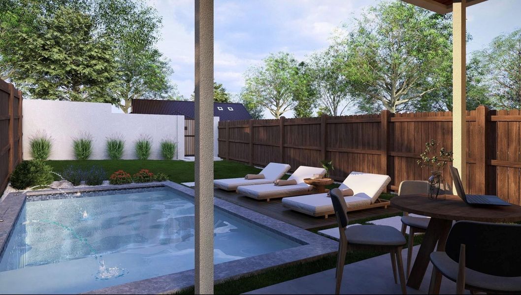 An inviting backyard oasis offers a serene pool, lounging area, and covered patio for alfresco enjoyment. An inviting backyard oasis offers a serene pool, lounging area, and covered patio for alfresco enjoyment.