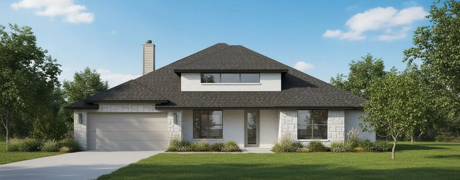 Representative exterior photo of a completed home built from the The Edinburg by Kenmark Homes in Paloma Ranches, Justin, TX (Image 2). Representative exterior photo of a completed home built from the The Edinburg by Kenmark Homes in Paloma Ranches, Justin, TX (Image 2).