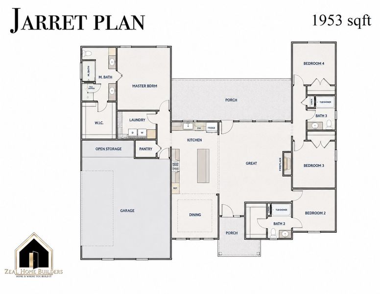 2D floor plan layout for the The Jarrett 1 by Zeal Home Builders in Sunrise Point, Weatherford, TX (Image 3).