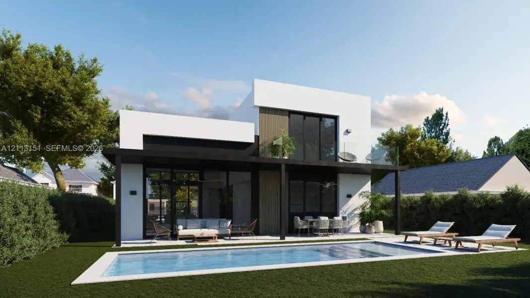 Modern two-story exterior featuring a white stucco facade, black metal trim, a ground-level covered patio, an upper-level balcony with glass railing, and an in-ground swimming pool Modern two-story exterior featuring a white stucco facade, black metal trim, a ground-level covered patio, an upper-level balcony with glass railing, and an in-ground swimming pool