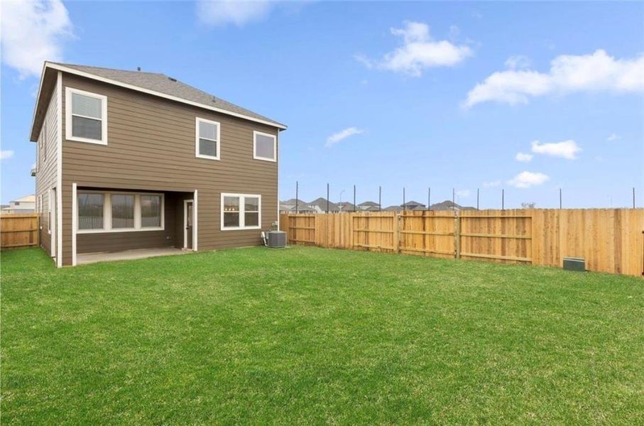 Fully fenced backyard with a cozy covered patio, just enough for outdoor activities Fully fenced backyard with a cozy covered patio, just enough for outdoor activities