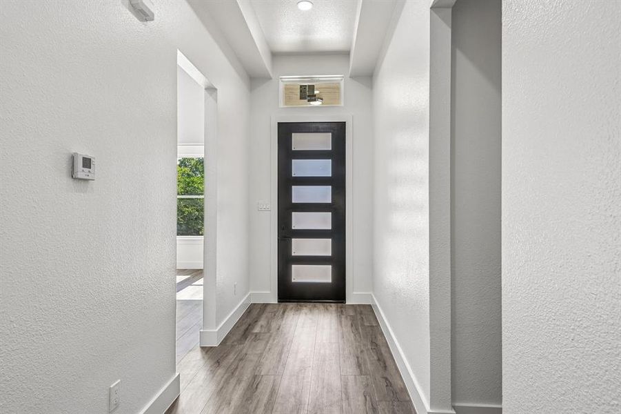 Entryway featuring a modern black door with frosted glass panels, an overhead transom window, and wood-finish flooring