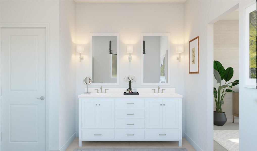 Relaxing primary suite with freestanding vanity (*Artist rendering used for illustration purposes only.)