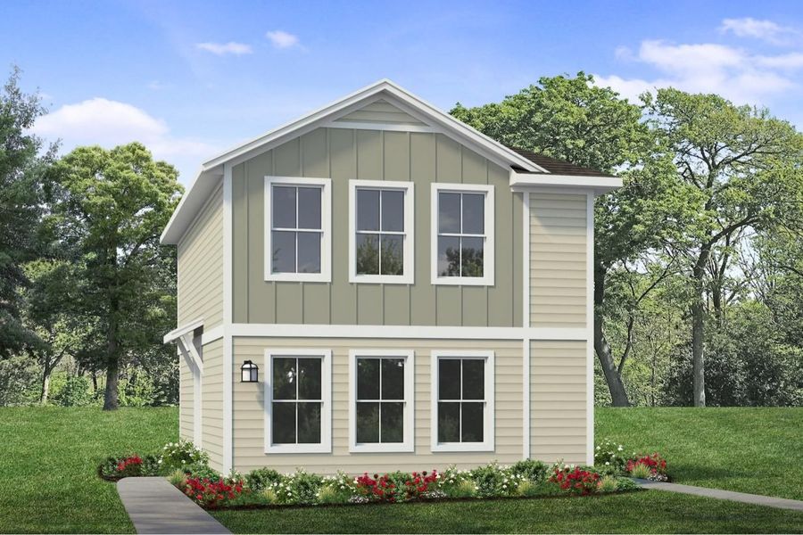 Rendered image of two story green home with landscaping and sky Rendered image of two story green home with landscaping and sky