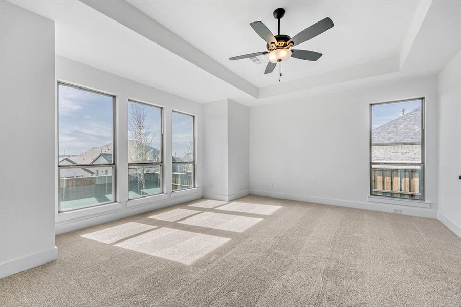 Unfurnished room with light colored carpet, ceiling fan, and a tray ceiling