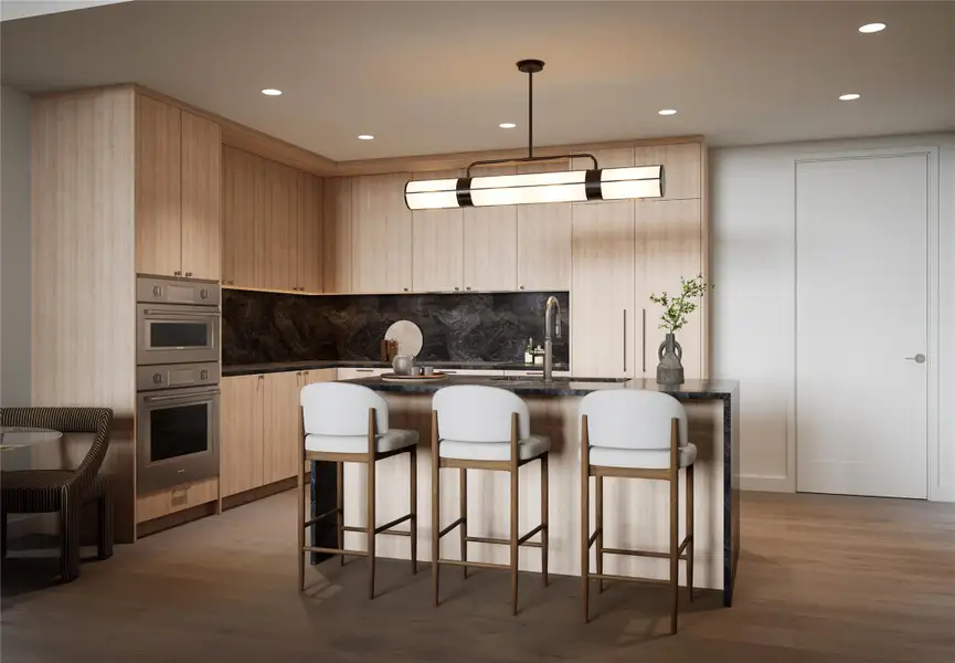 Kitchen with a breakfast bar, hanging light fixtures, wood finished floors, recessed lighting, quartzite countertop and Thermador appliances. Twilight Palette