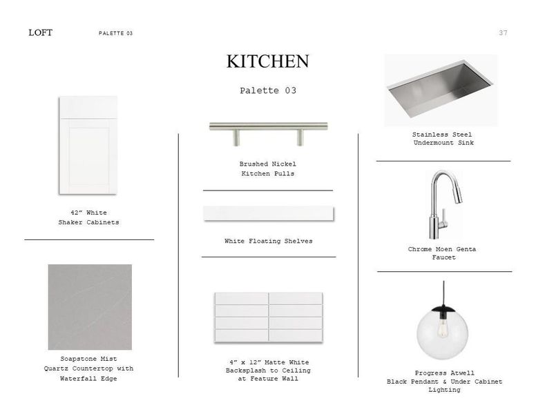 Loft Look Palette 3: Kitchen Selection Sheet (*Artist rendering used for illustration purposes only.) Loft Look Palette 3: Kitchen Selection Sheet (*Artist rendering used for illustration purposes only.)