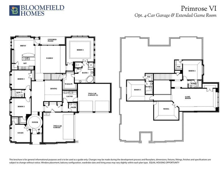 Bloomfield Homes Primrose VI two-story floor plan with 5 bedrooms, game room, media room, and optional 4-car garage. Bloomfield Homes Primrose VI two-story floor plan with 5 bedrooms, game room, media room, and optional 4-car garage.